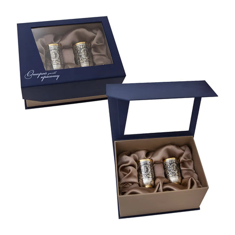 Schnapsbecher Set 925 Silber – Niello & Vergoldung, 2 - teilig