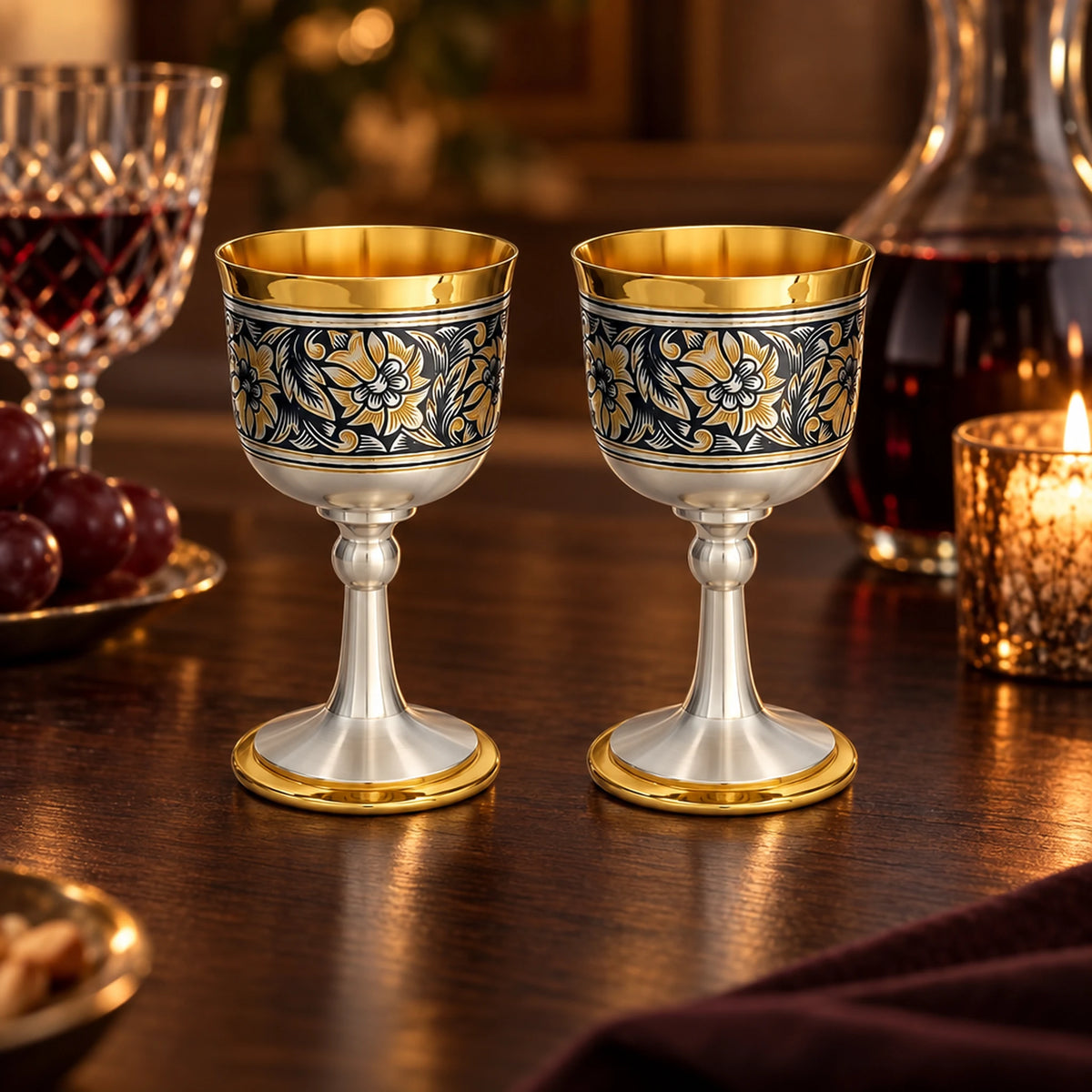Schnapsgläser Set 2-teilig 925 Silber "Bravo" — Lifestyle-Setting am Weintisch
