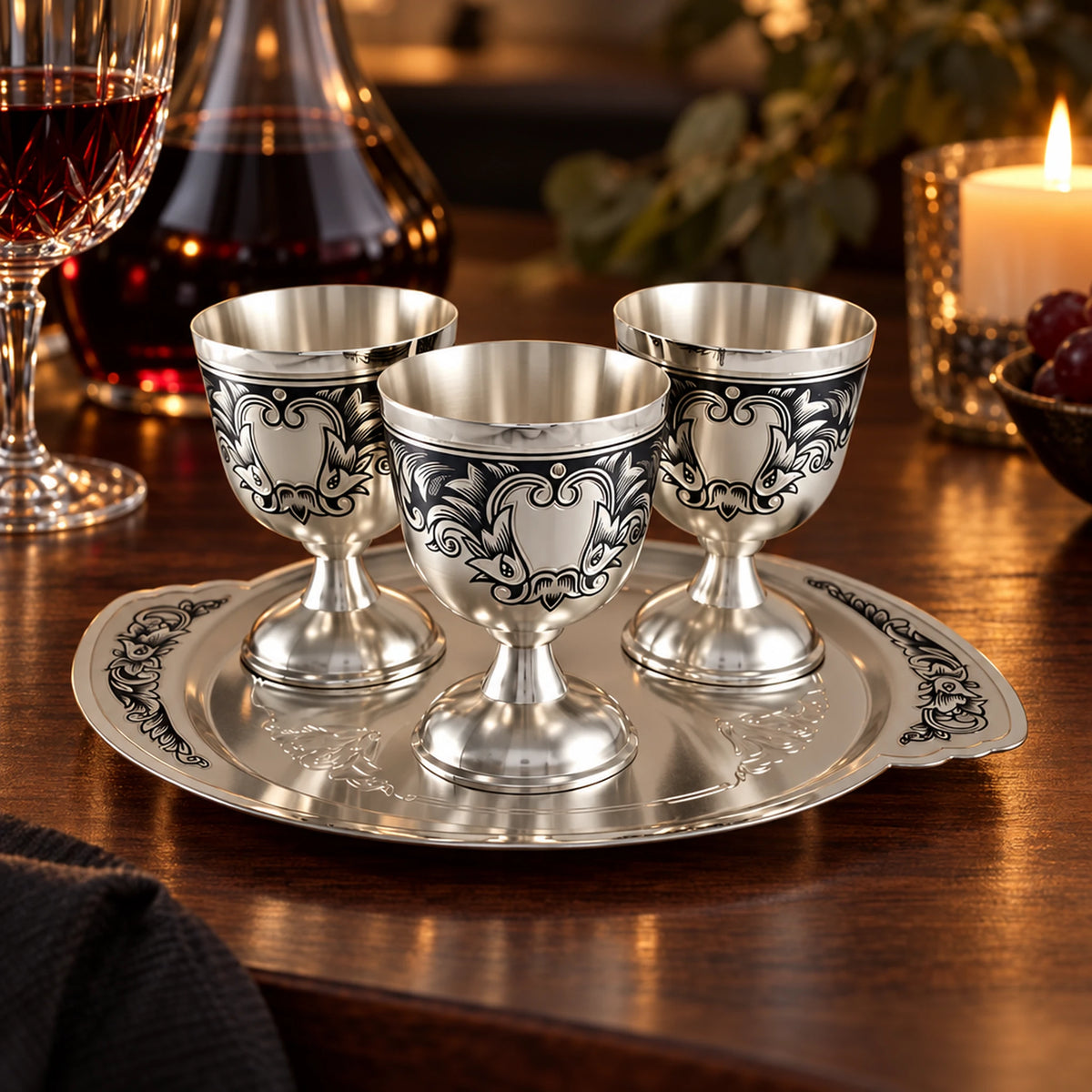 Schnapsgläser Set 925 Silber Niello 4-teilig — Lifestyle-Setting am Weintisch
