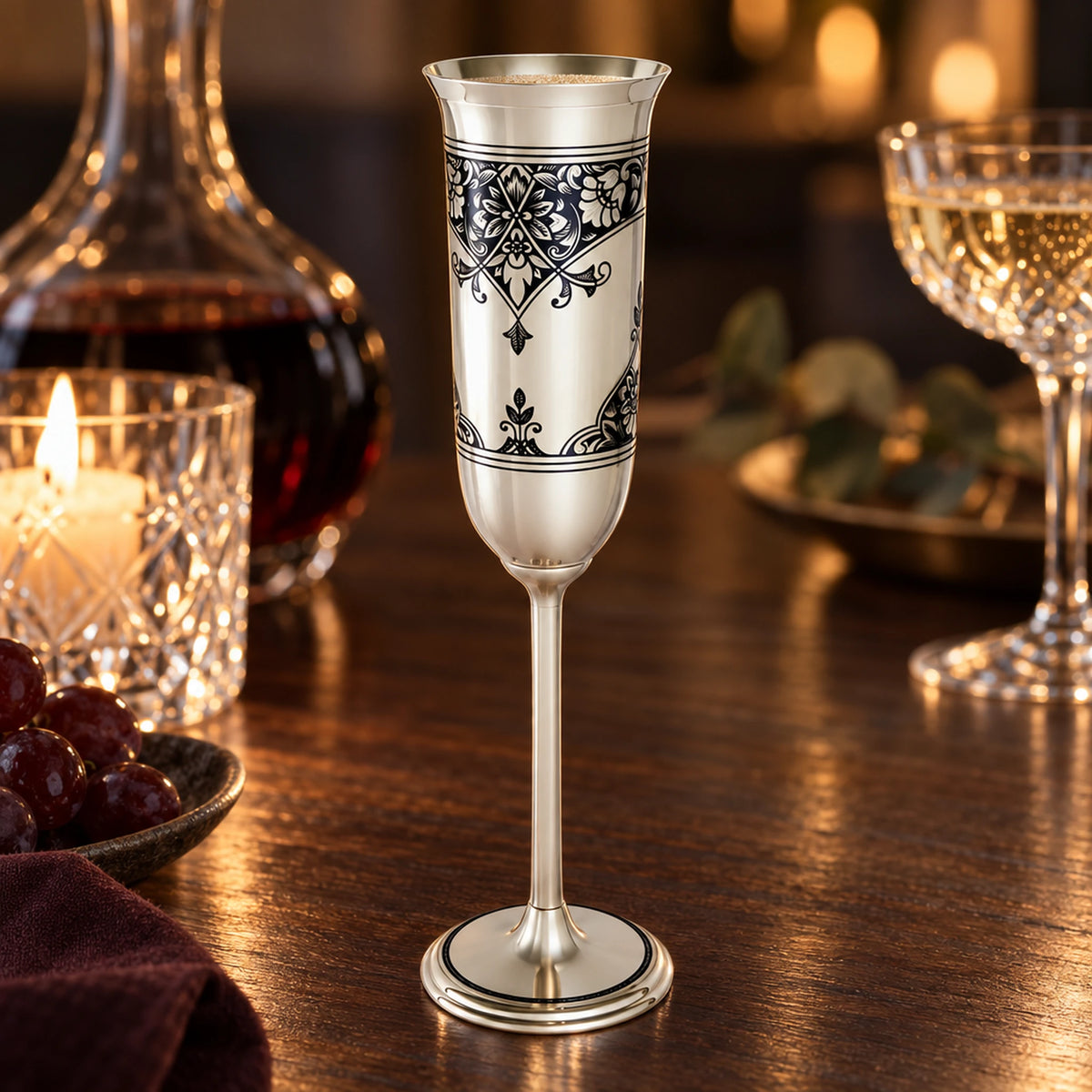 Sektglas 925 Silber Niello Blütenornament — Lifestyle-Setting am Weintisch
