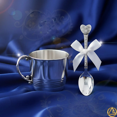 Baby Geschenkset 925 Silber Becher + Löffel Herz - Motiv mit Gravur