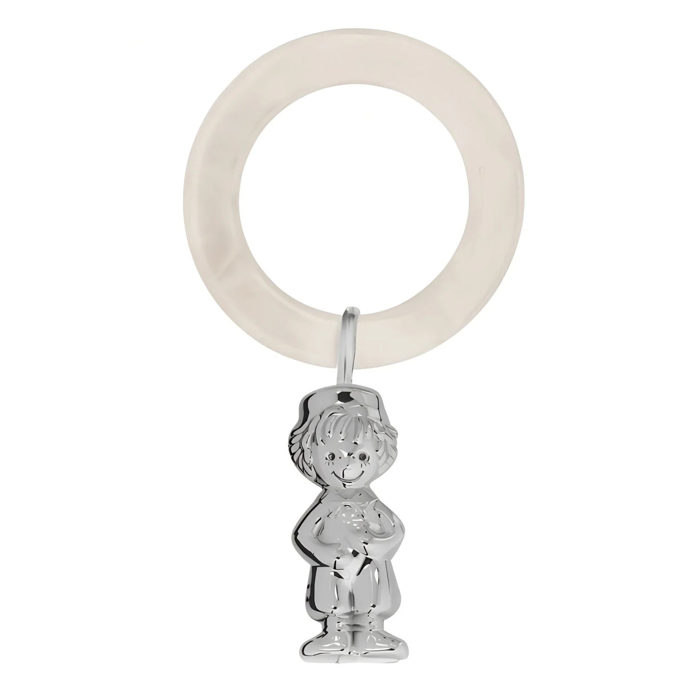 Babyrassel 925 Silber — 3D-Junge-Figur mit Schirmmütze und Ball an perlweißem Acryl-Beißring, Zaramella
