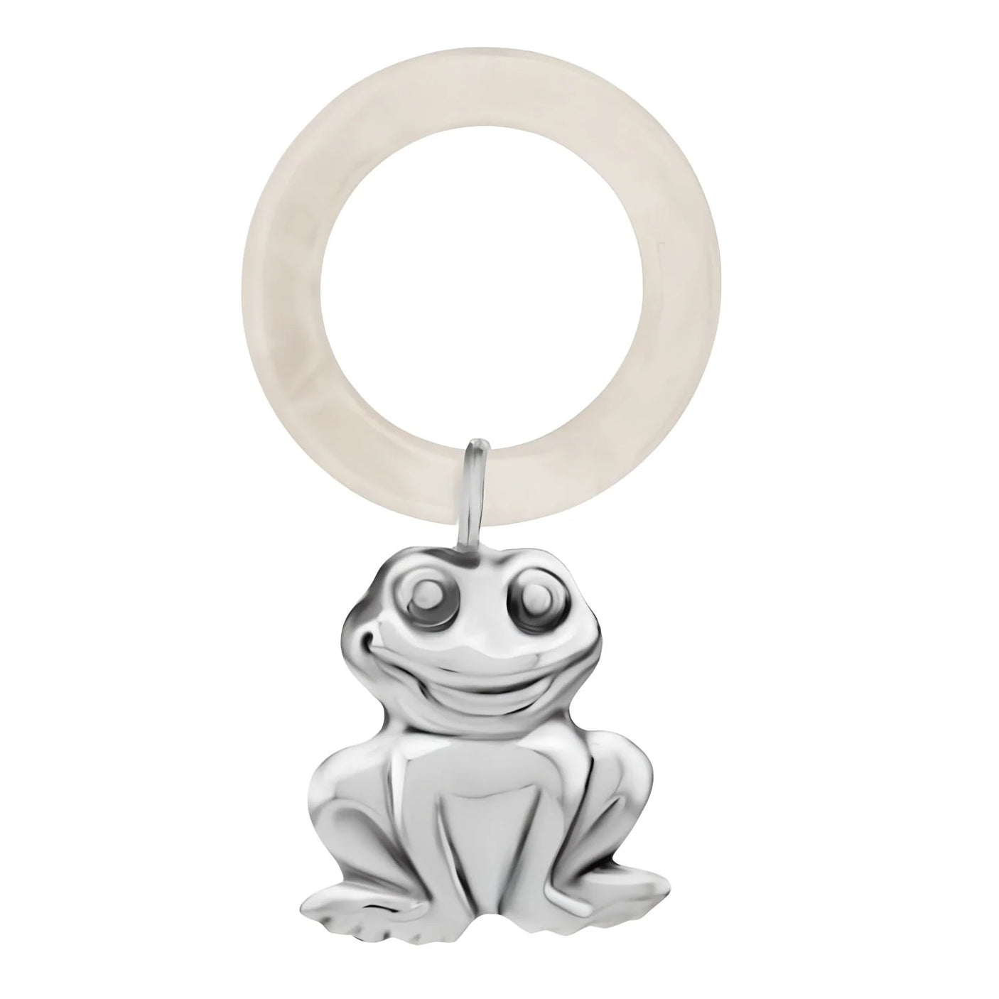 Babyrassel 925 Silber Frosch: kleiner Silber-Frosch-Anhänger an perlmutt-weißem Acrylring-Beißring.