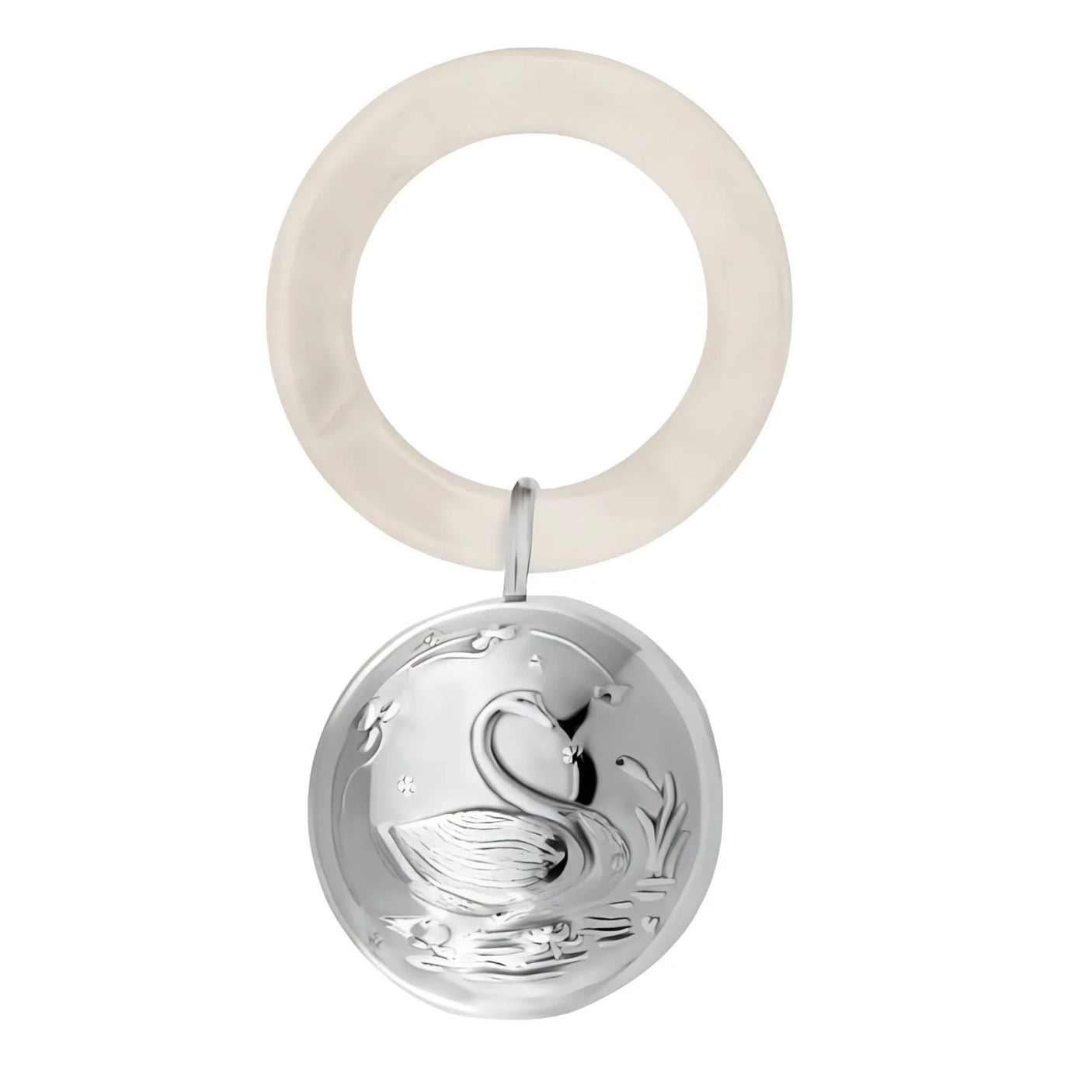 Babyrassel 925 Silber Schwan: Acrylring-Rassel mit Rund-Anhänger und Schwan-Relief im Schilf.