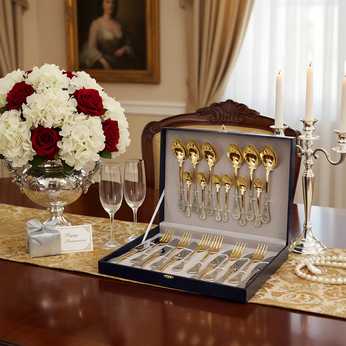 Silberbesteck Set 24 - teilig 925 Sterling Silber vergoldet