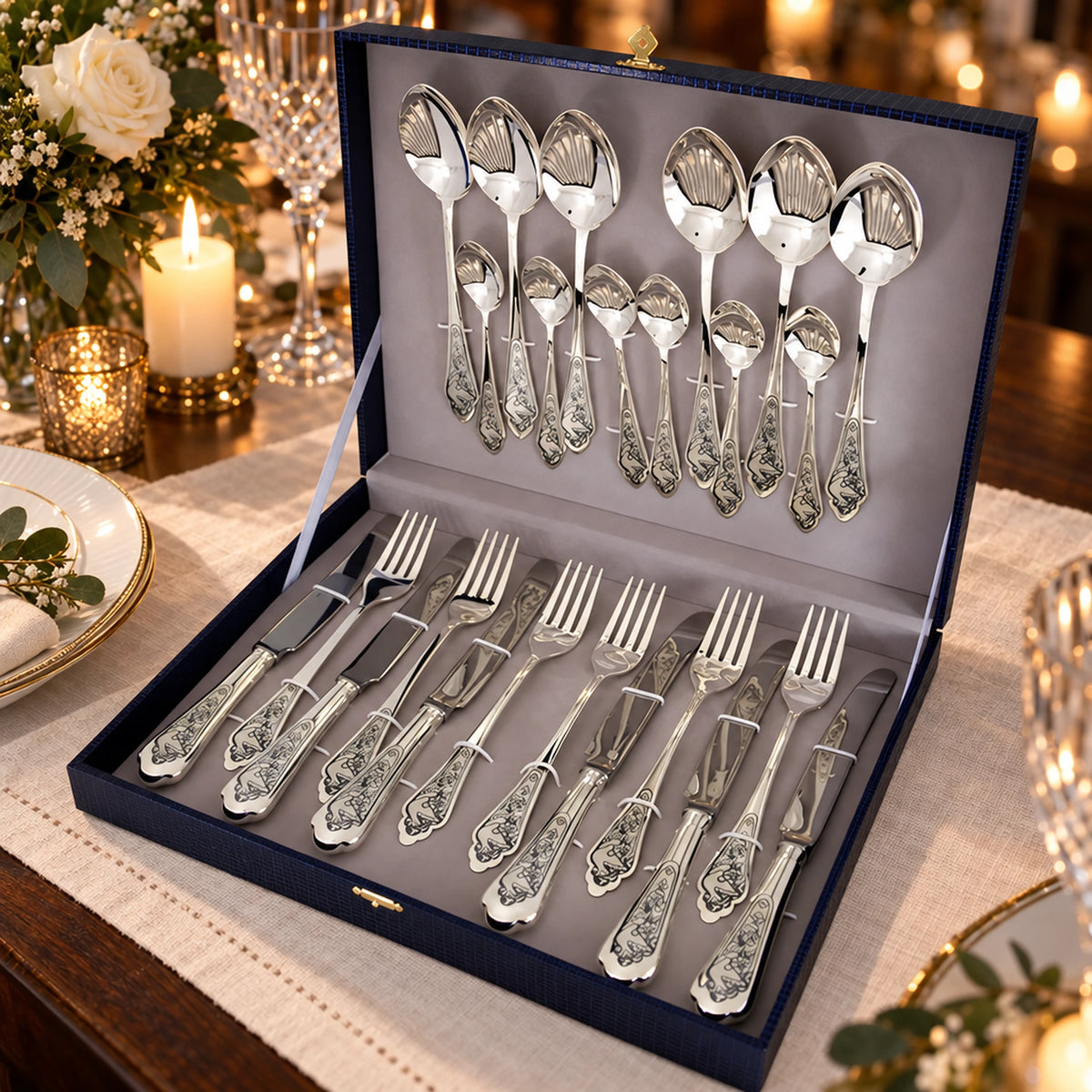 Silberbesteck Set 24-teilig 925 Sterling Silber in der Geschenkkassette — Lifestyle-Setting