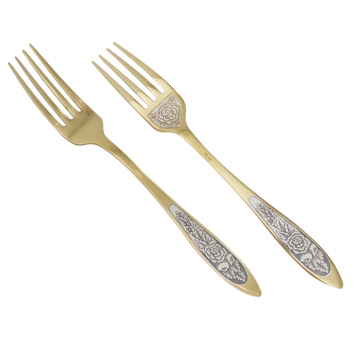 Menügabeln aus dem Silberbesteck Set PROVENCE Gold, handgraviert und mit Niello-Verzierung.