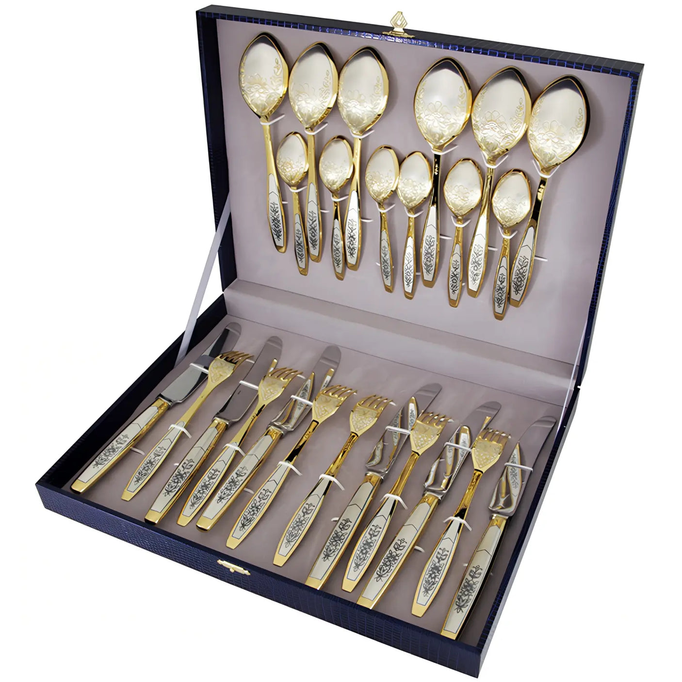 Tafelbesteck Set Astra Classic 24-teilig: Niello-Gravur, vergoldete Laffen, 925 Silber für 6 Personen in Geschenkbox