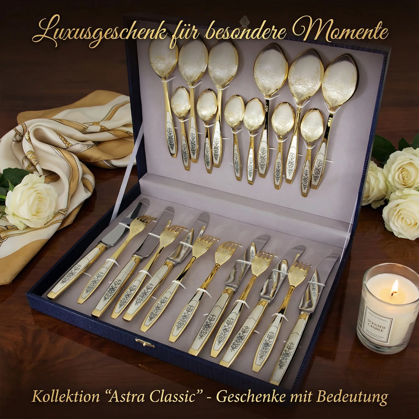 Tafelbesteck Set 24 - tlg 925 Silber Niello vergoldet | Astra Classic