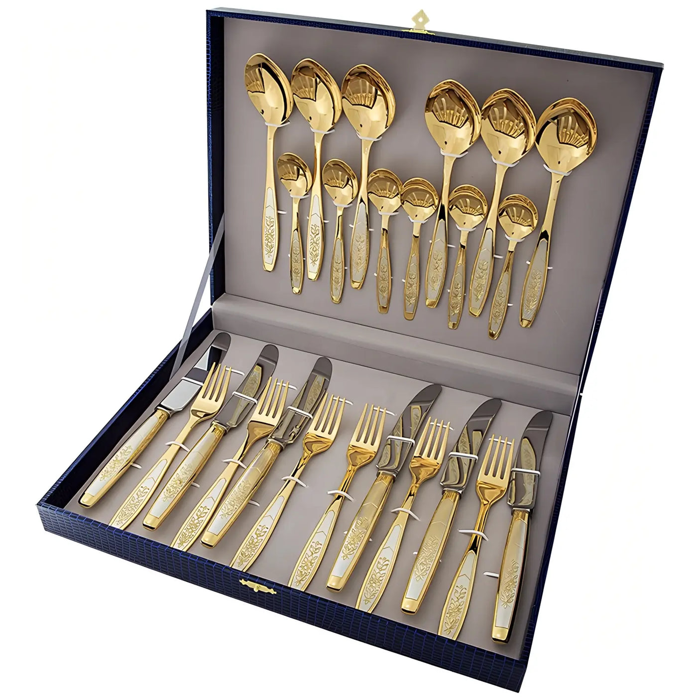 Tafelbesteck Set Astra Lux Gold 24-teilig: Vollvergoldet ohne Niello, Relief-Blumenmuster – 925 Silber für 6 Personen in Geschenkbox