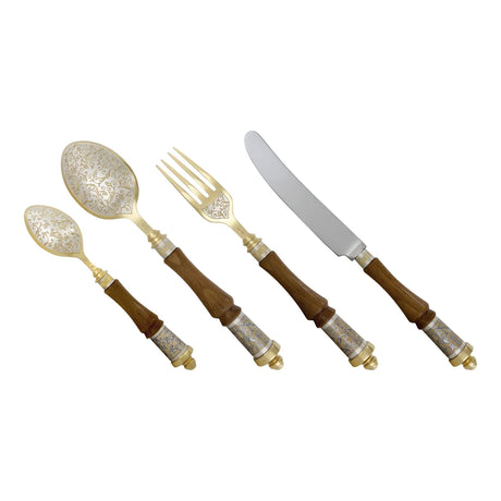 Silberbesteck Set Byzanz 4-teilig aus 925 Sterling Silber mit Edelholz-Griffen, Niello-Verzierung und vergoldeten Details.