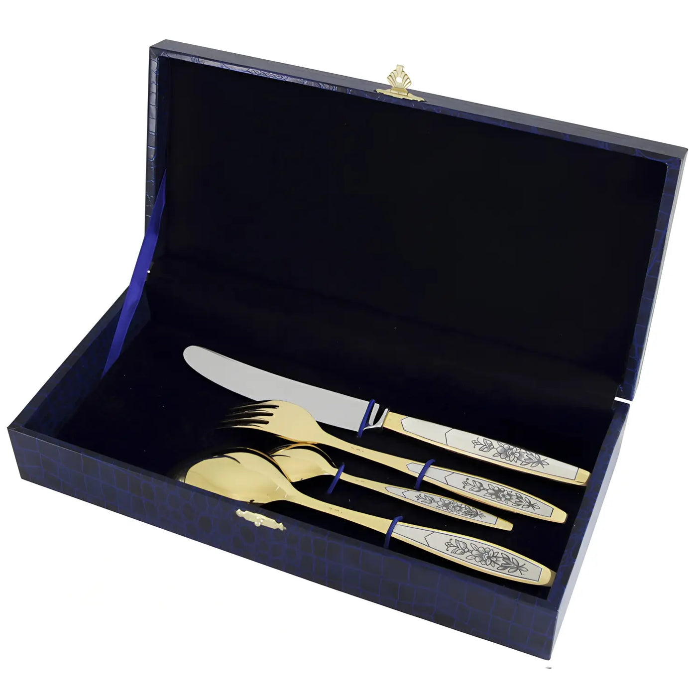 ilberbesteck Set 4-teilig Astra Gold aus 925 Sterling Silber vergoldet mit Niello-Muster in Geschenkbox.