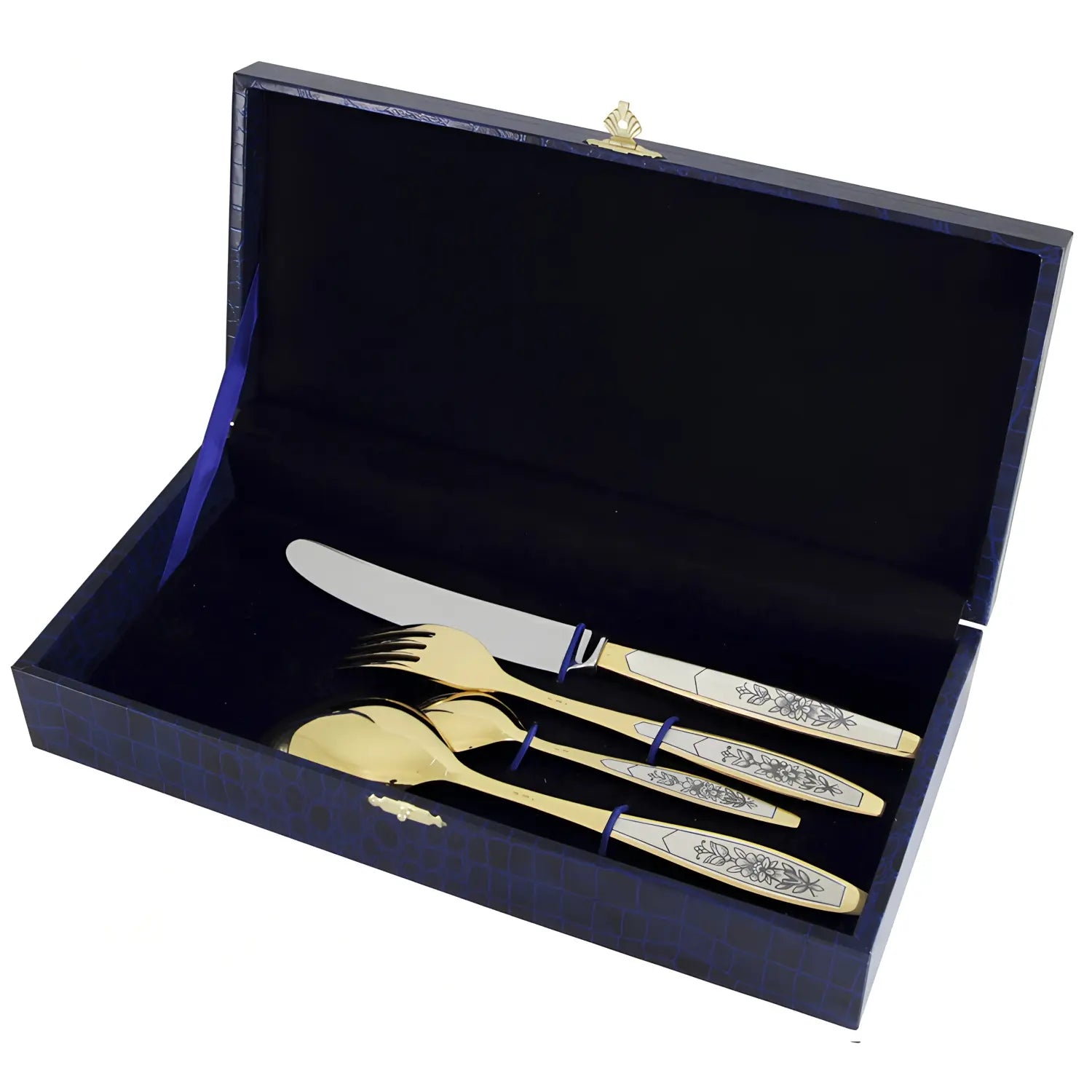 ilberbesteck Set 4-teilig Astra Gold aus 925 Sterling Silber vergoldet mit Niello-Muster in Geschenkbox.