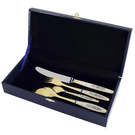 ilberbesteck Set 4-teilig Astra Gold aus 925 Sterling Silber vergoldet mit Niello-Muster in Geschenkbox.
