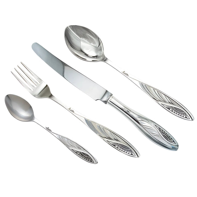 Elegantes, 4-teiliges Silberbesteck-Set im Sunflower Black Design aus 925 Sterling Silber mit Niello-Verzierung.