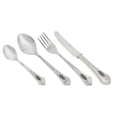 Silberbesteck Set 4-teilig aus 925 Silber mit Niello-Verzierung, Kollektion Relief – für elegante Dessert-Tafeln.