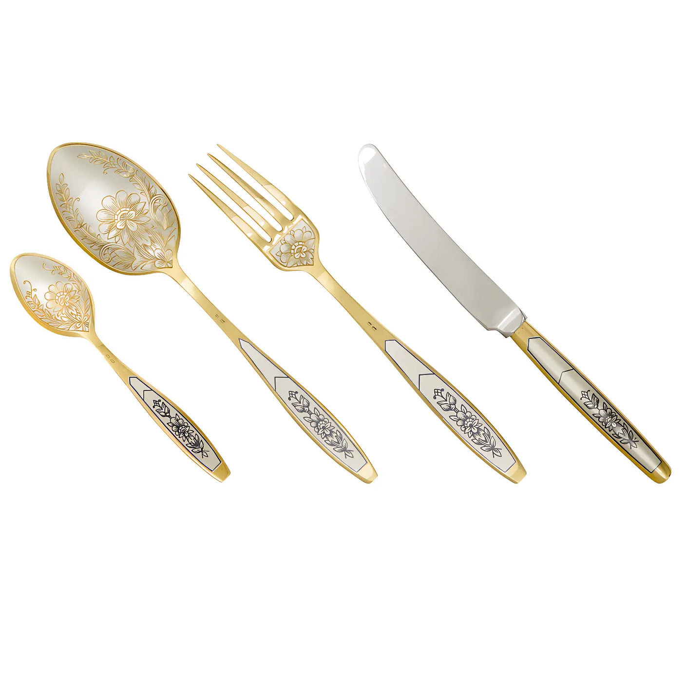 Silberbesteck Set Astra Classic 4-teilig: Tafellöffel, Gabel, Messer, Teelöffel – 925 Silber mit Niello-Gravur und Vergoldung für 1 Person