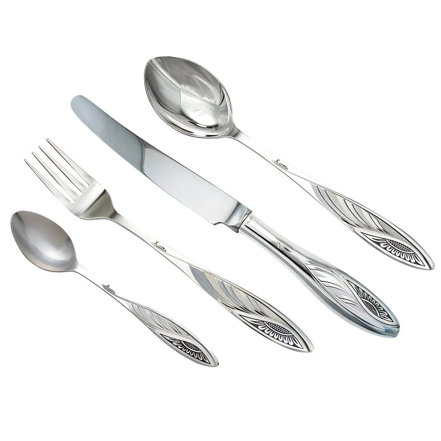 Nahaufnahme eines 4-teiligen Silberbesteck-Sets Sunflower Black im Niello-Design.