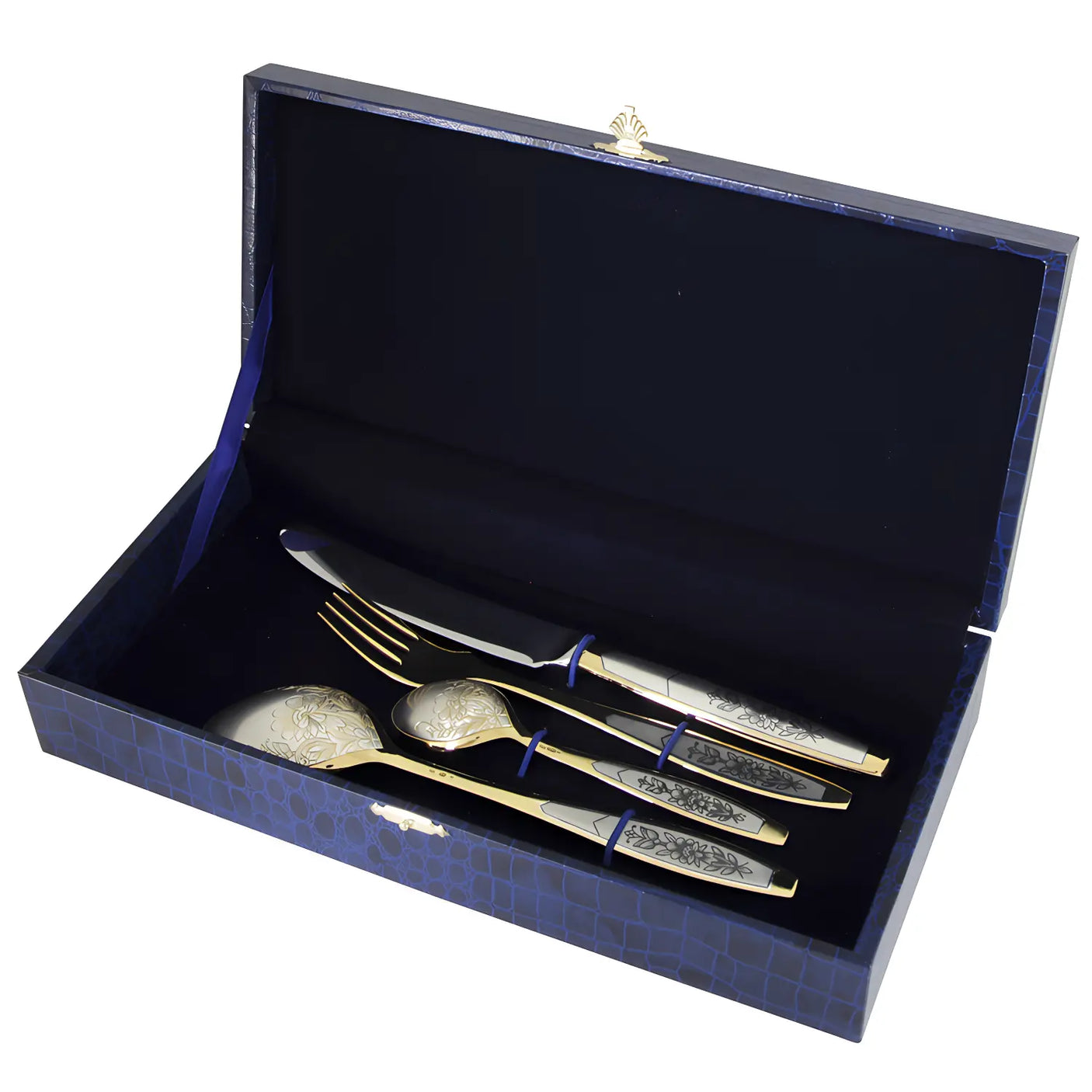 Silberbesteck Set Astra Classic 4-teilig in geöffneter Geschenkbox: 925 Silber mit Niello und Vergoldung – geschenkfertig verpackt