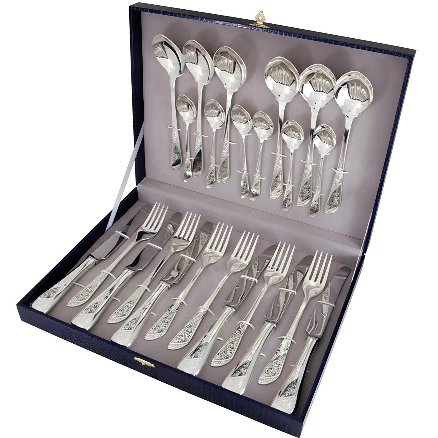 24-teiliges Silberbesteck-Set im Snowdrop Design aus 925 Sterling Silber mit Niello-Verzierung in luxuriöser Geschenkbox.