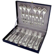 24-teiliges Silberbesteck-Set aus 925er Silber mit Relief-Design und Niello-Muster in einem Geschenkkoffer.