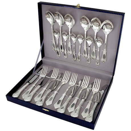 24-teiliges Silberbesteck-Set aus 925er Silber mit Relief-Design und Niello-Muster in einem Geschenkkoffer.