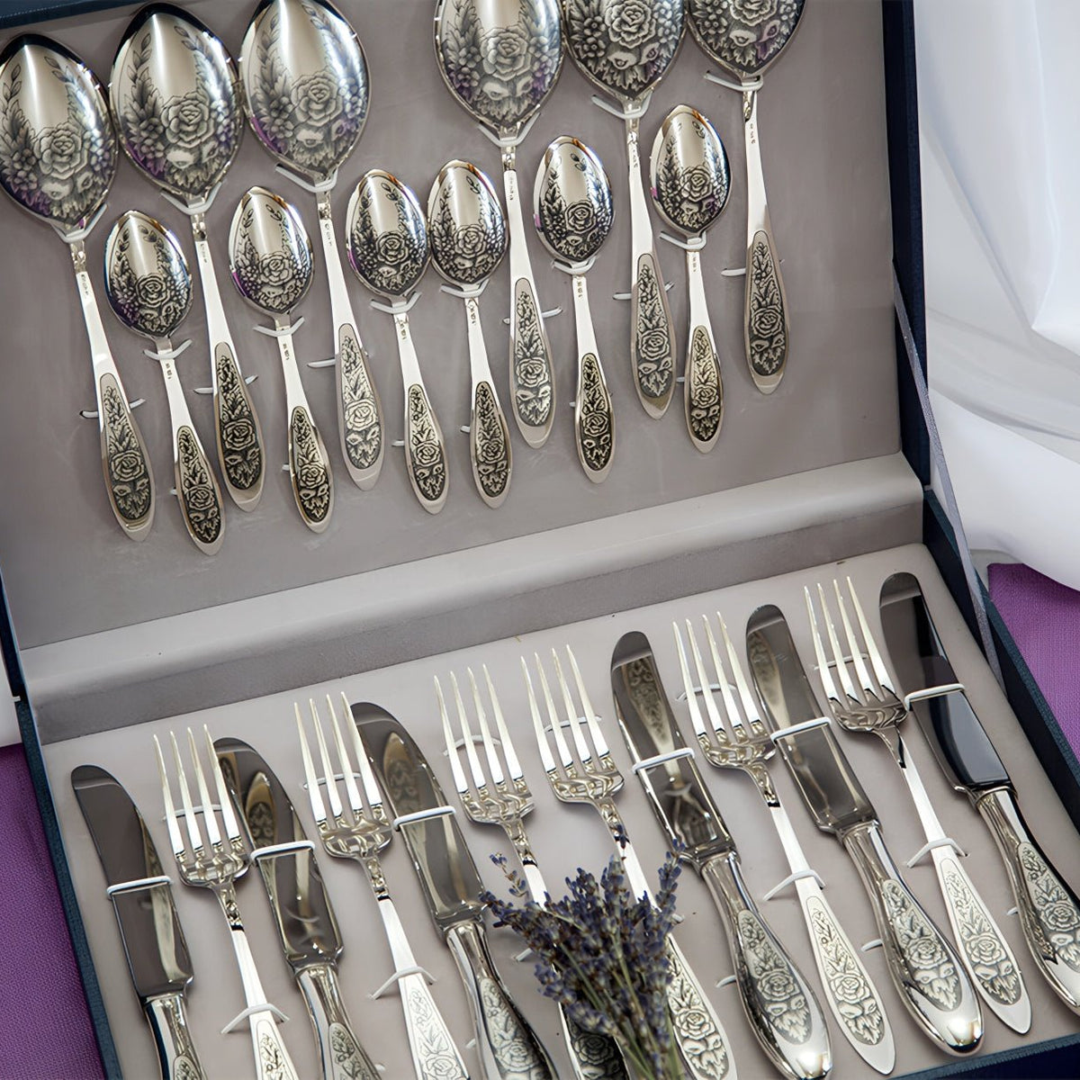 Silberbesteck-Set 925 Silber Niello Provence 24-tlg