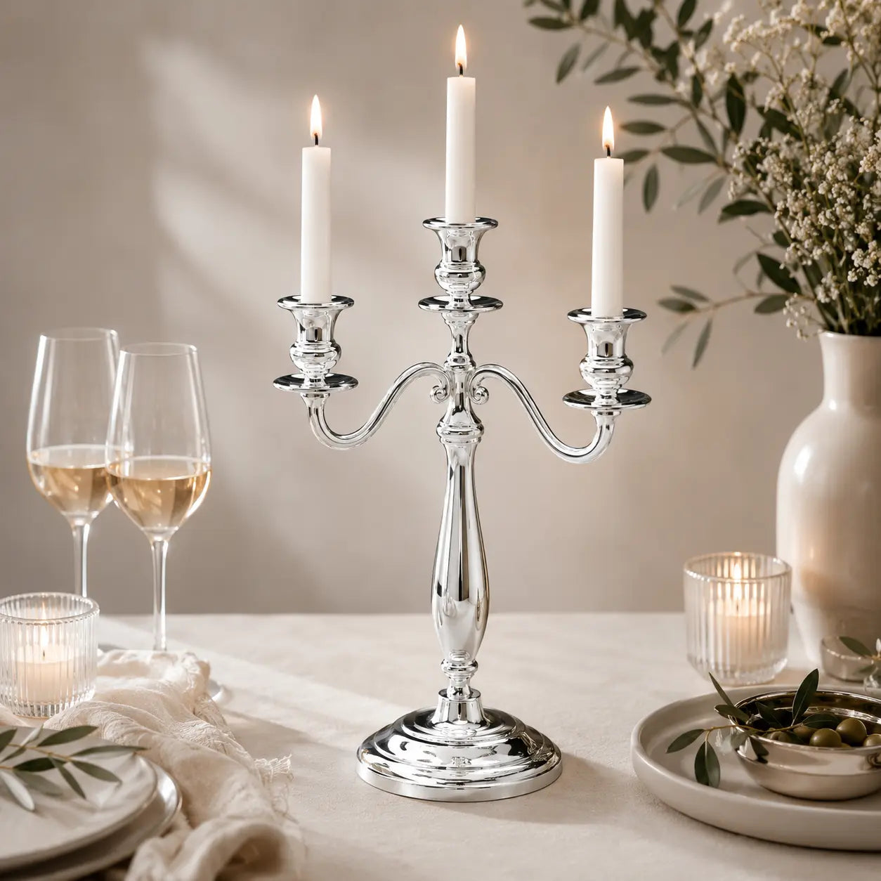 Dreiflammiger Silberleuchter auf festlich gedeckter Tafel – elegante Tischdekoration für Hochzeit, Jubiläum und besondere Anlässe