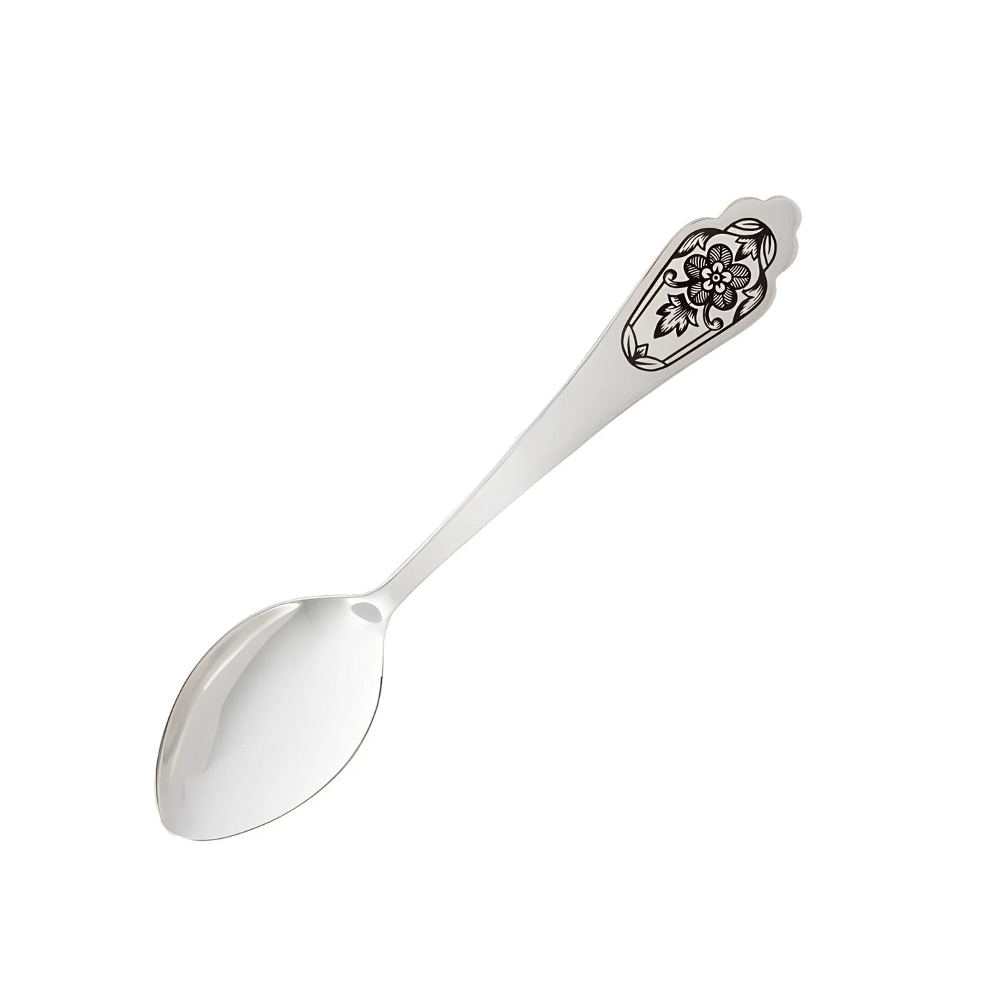 Teelöffel 925 Silber Niello — Löffel mit Blütenornament am Stielende, Laffe blank poliert