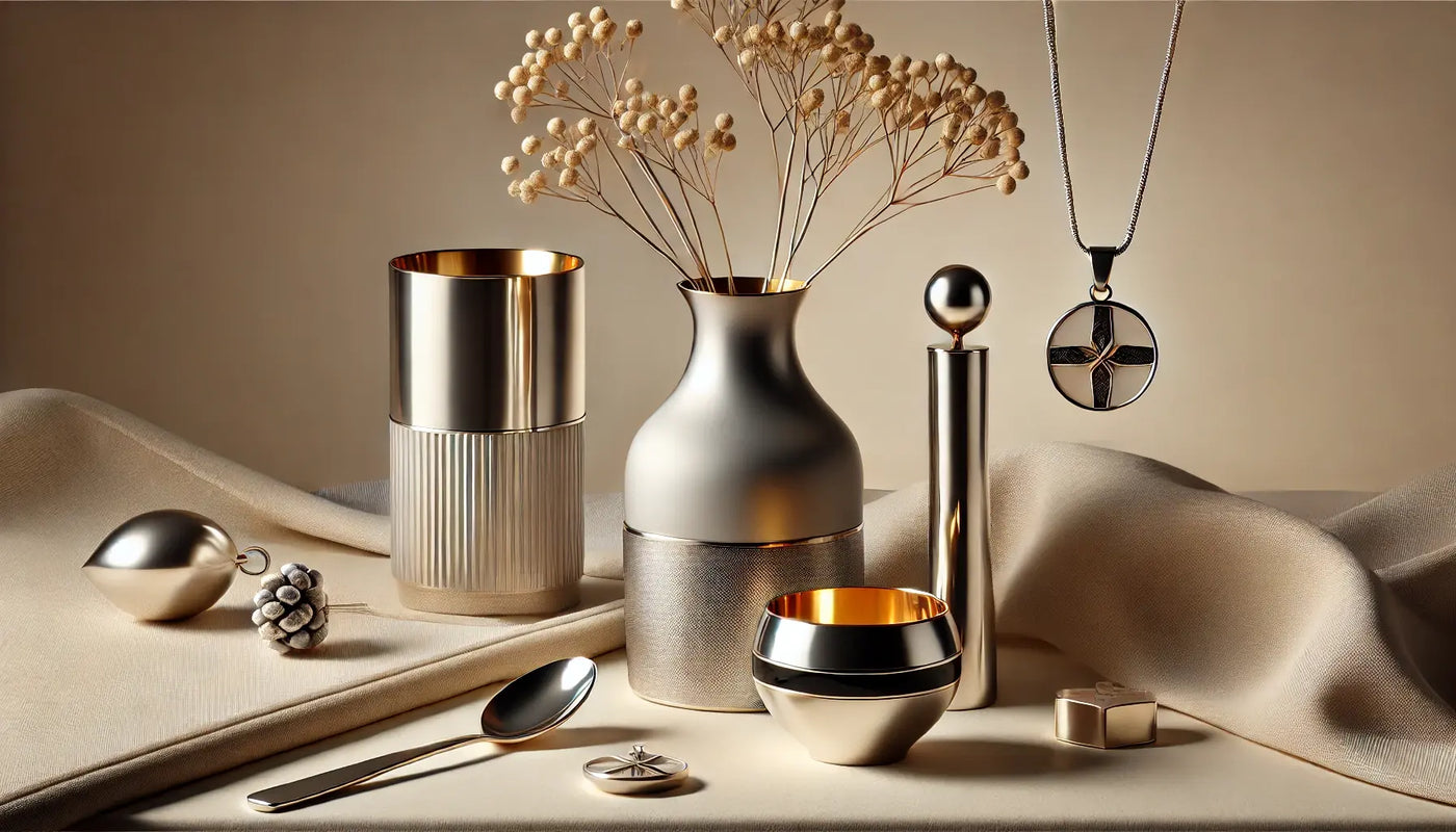 Modernes Stillleben mit Silberobjekten: Vase, Anhänger, Löffel, Deko & Geschenkbox – stilvoll inszeniert.