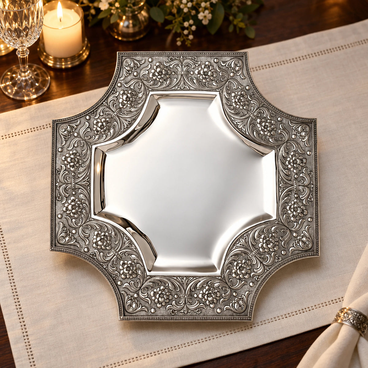 Silberplatte 925 Silber Signature Kreuzform 43 × 43 cm — Lifestyle-Setting an der gedeckten Tafel