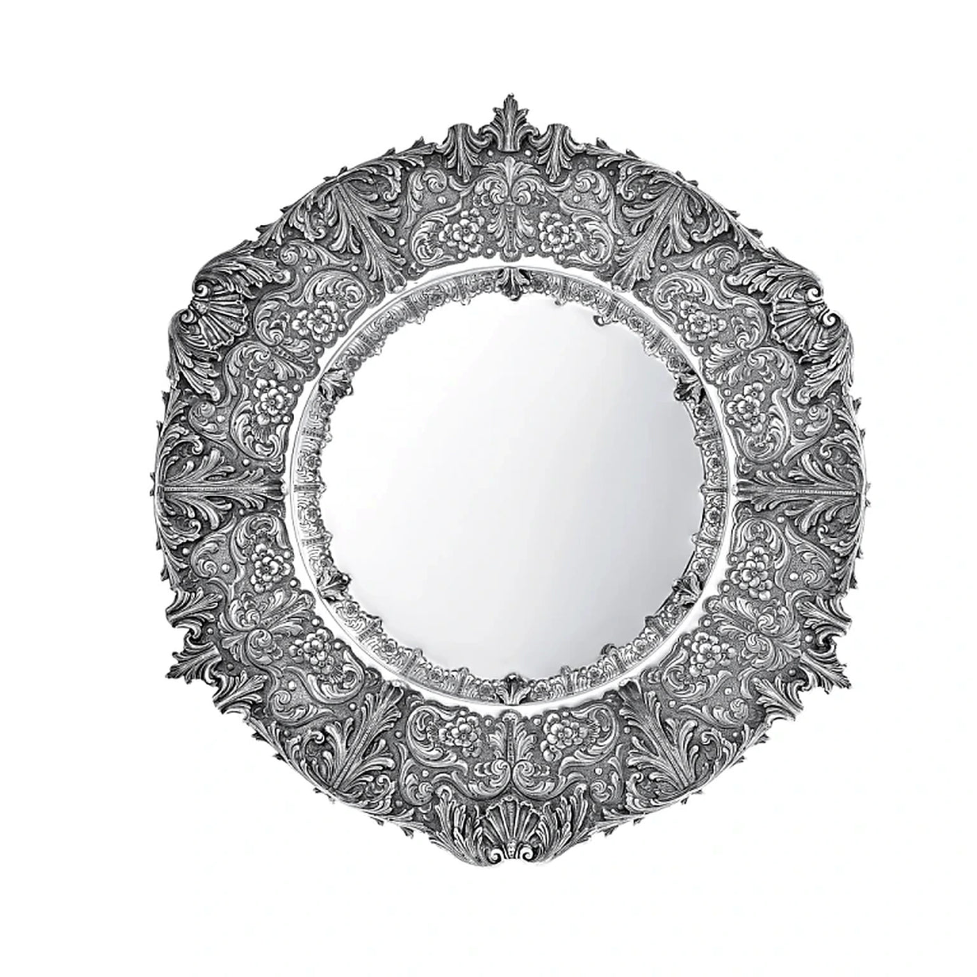 Silberplatte 925 Silber rund 54 cm Signature — achtfach gelappte Kontur, Palmetten auf der Fahne, Zaramella