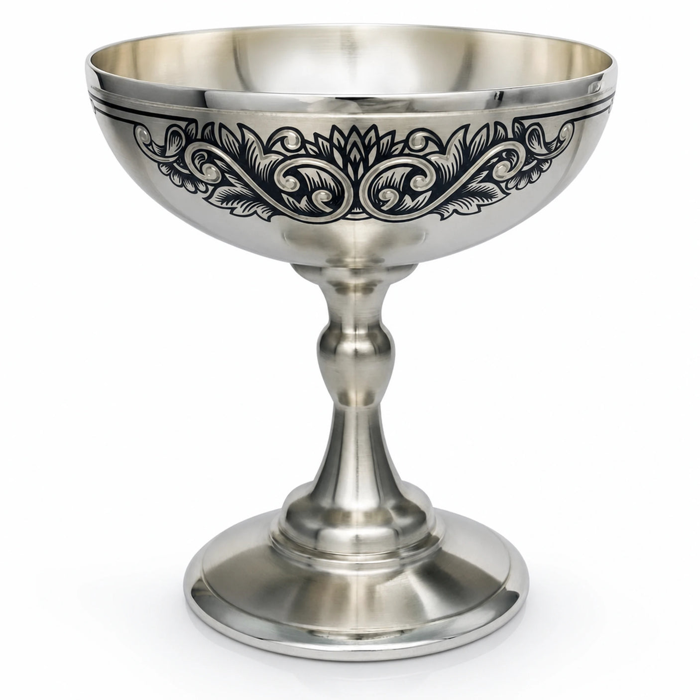 Silberschale am Stiel 925 Silber — Pokalschale auf Fuß mit dunklem Niello-Rankenband, mattsilber, Tafelgeschenk