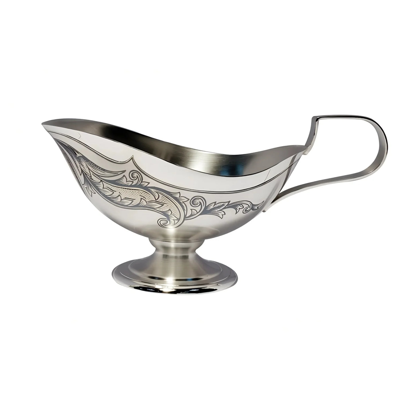 Sauciere 925 Silber Niello — Sauceboot mit Standfuß und floraler Niello-Gravur am Rand, Freisteller