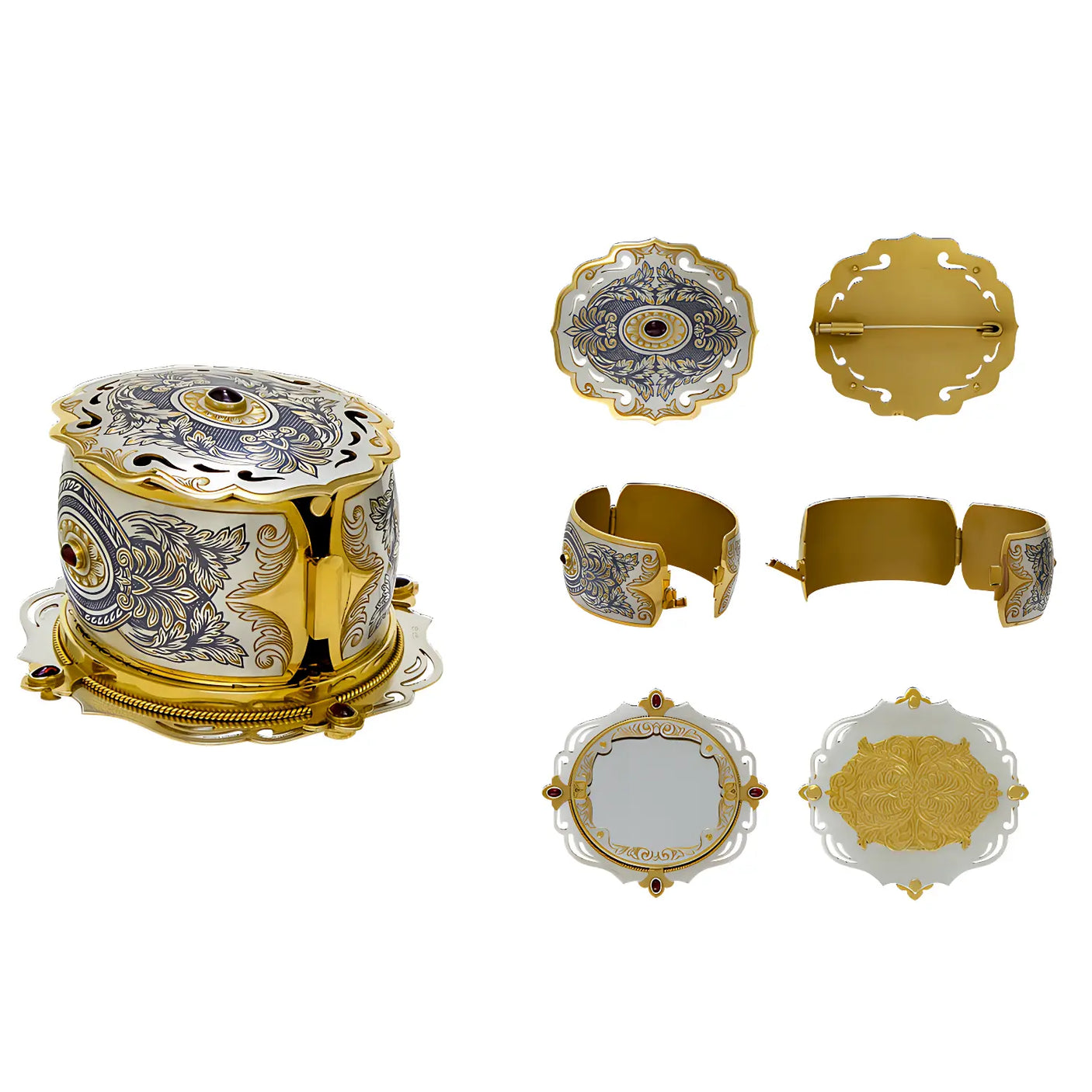 Schatulle „Diana“ – Luxus - Set aus Brosche, Armband & Handspiegel im Nielloa - Design