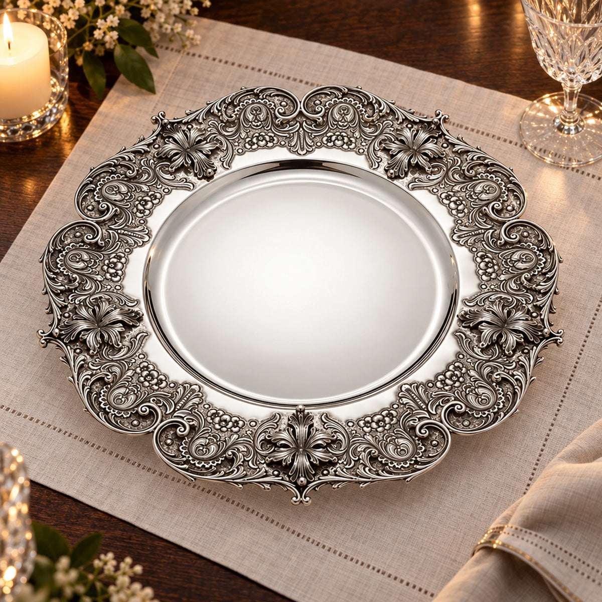 Silbertablett 925 Silber Signature rund Ø 46 cm, Lilien-Ornament — Lifestyle-Setting an der gedeckten Tafel