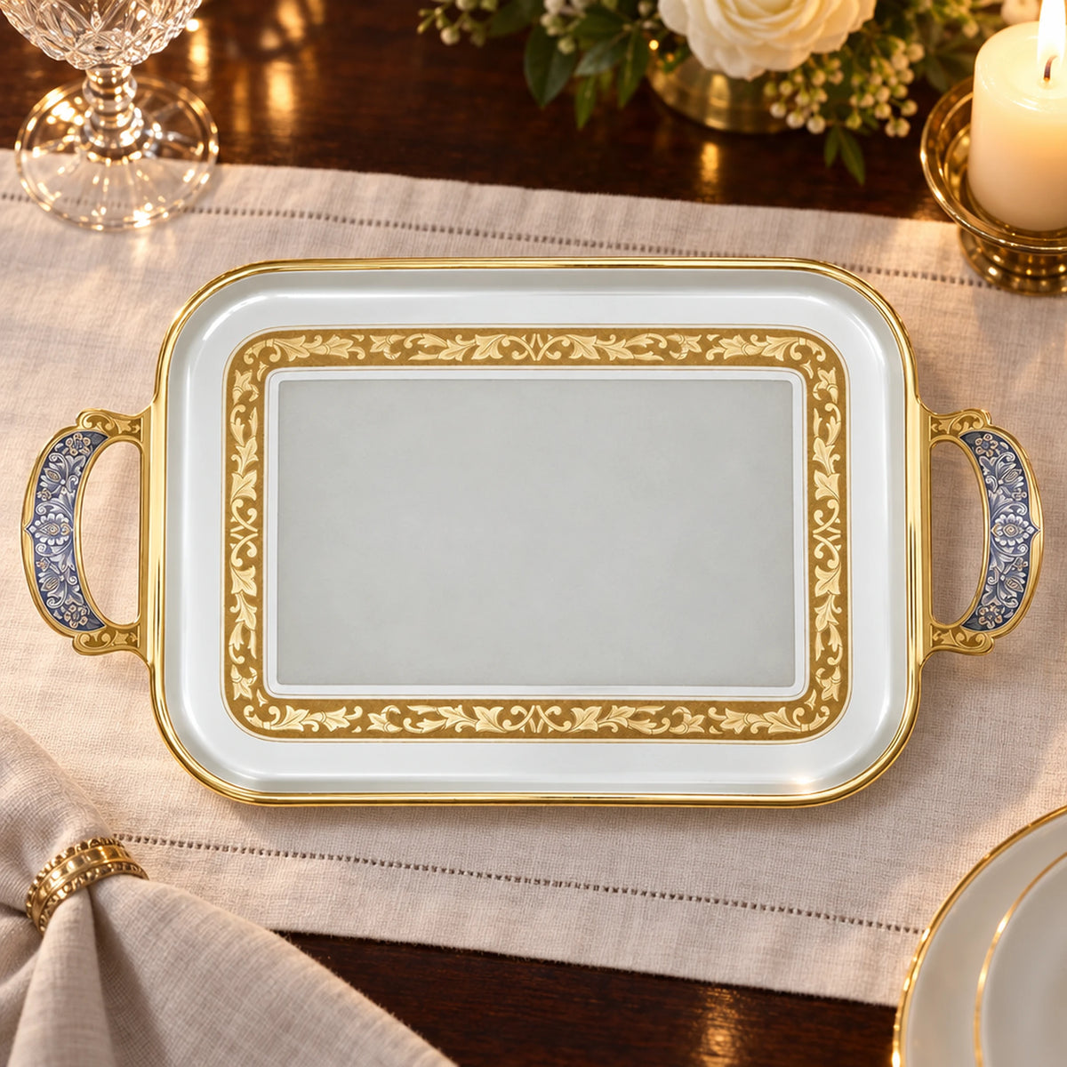 Silbertablett 925 Silber vergoldet ZAREN FEST — Lifestyle-Setting an der gedeckten Tafel