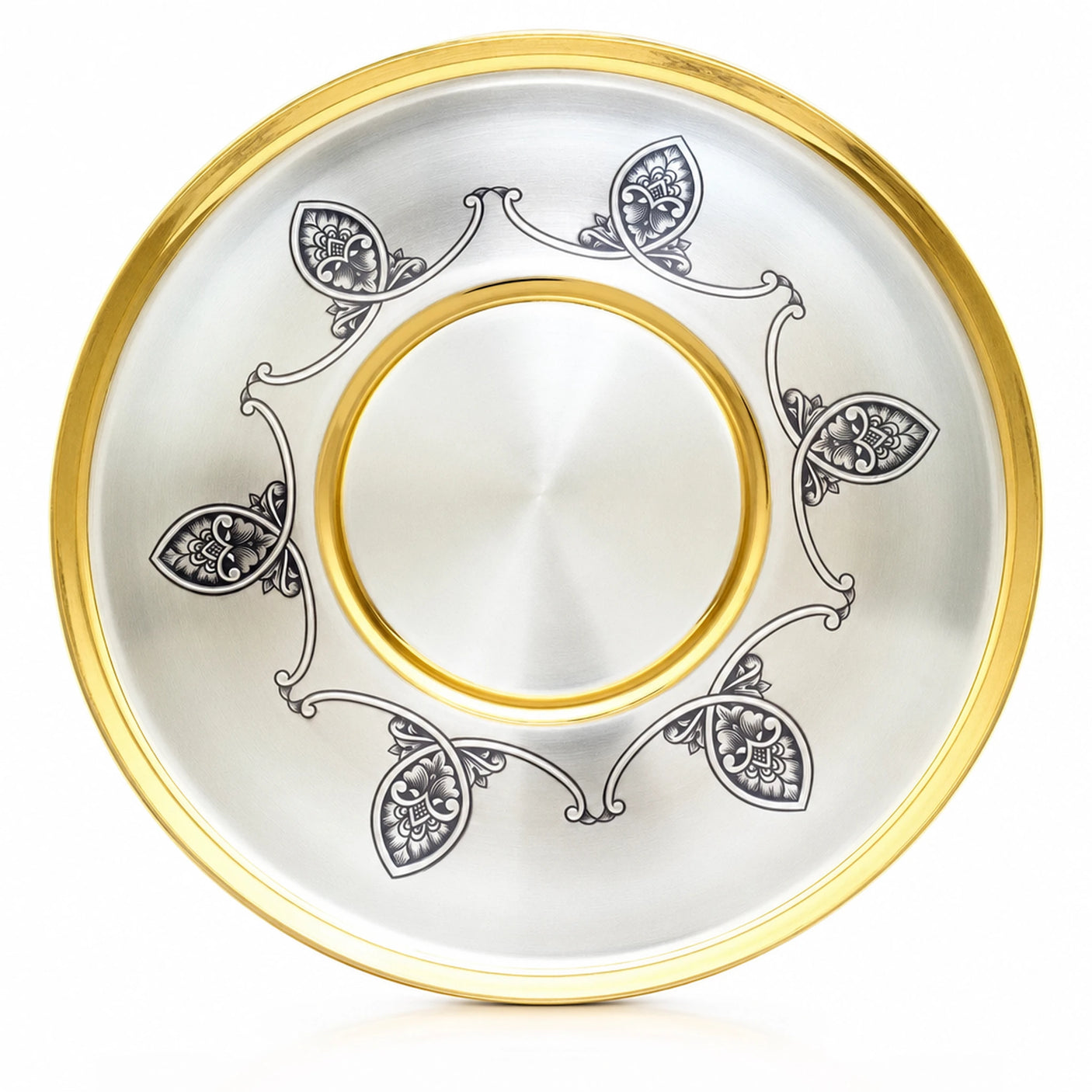 Silbertablett 925 Silber vergoldet Niello — rund mit Blattmedaillons, goldenen Ranken und Goldrand