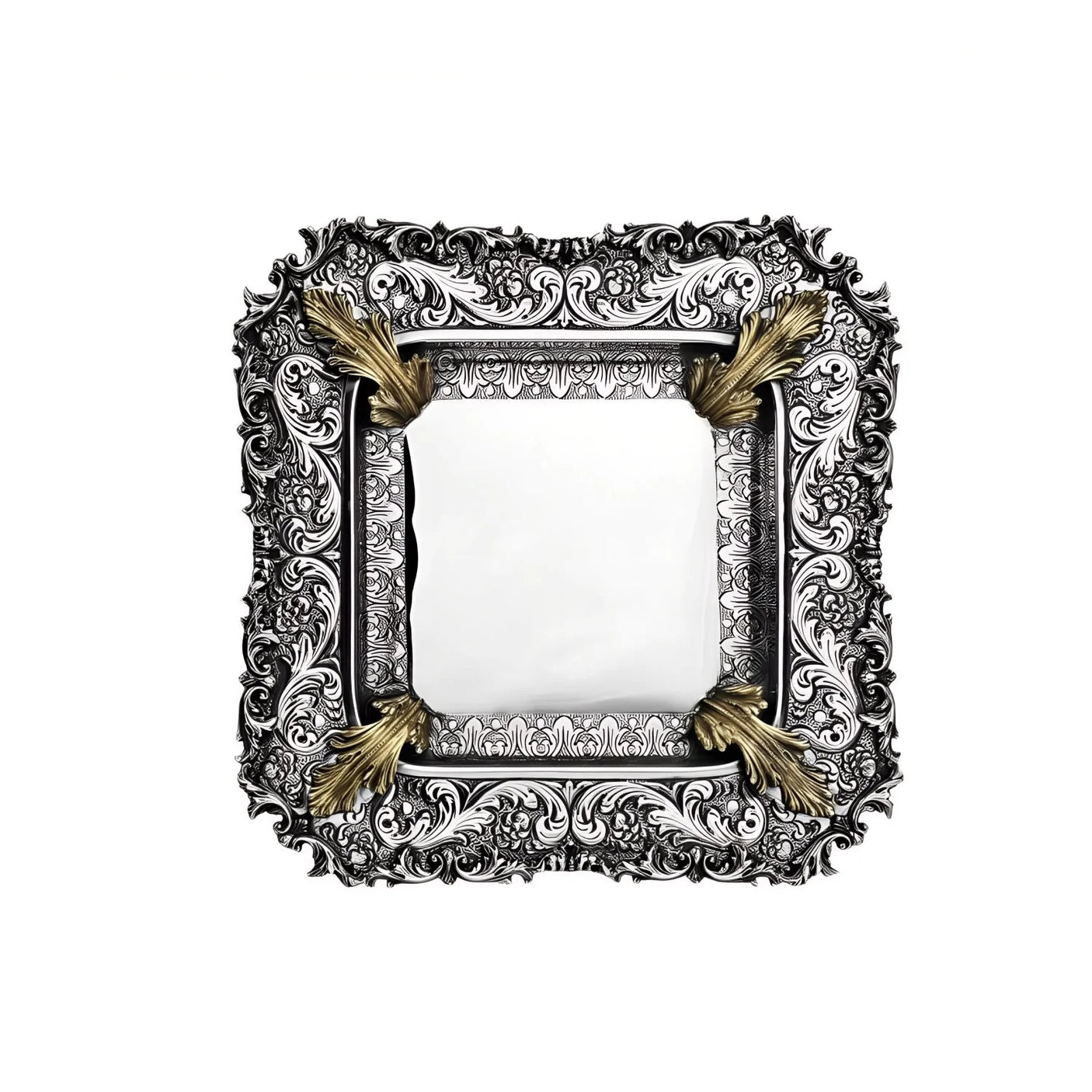 Quadratisches Silbertablett 925 Silber mit teilvergoldetem Akanthus-Rand-Ornament — Signature-Linie.