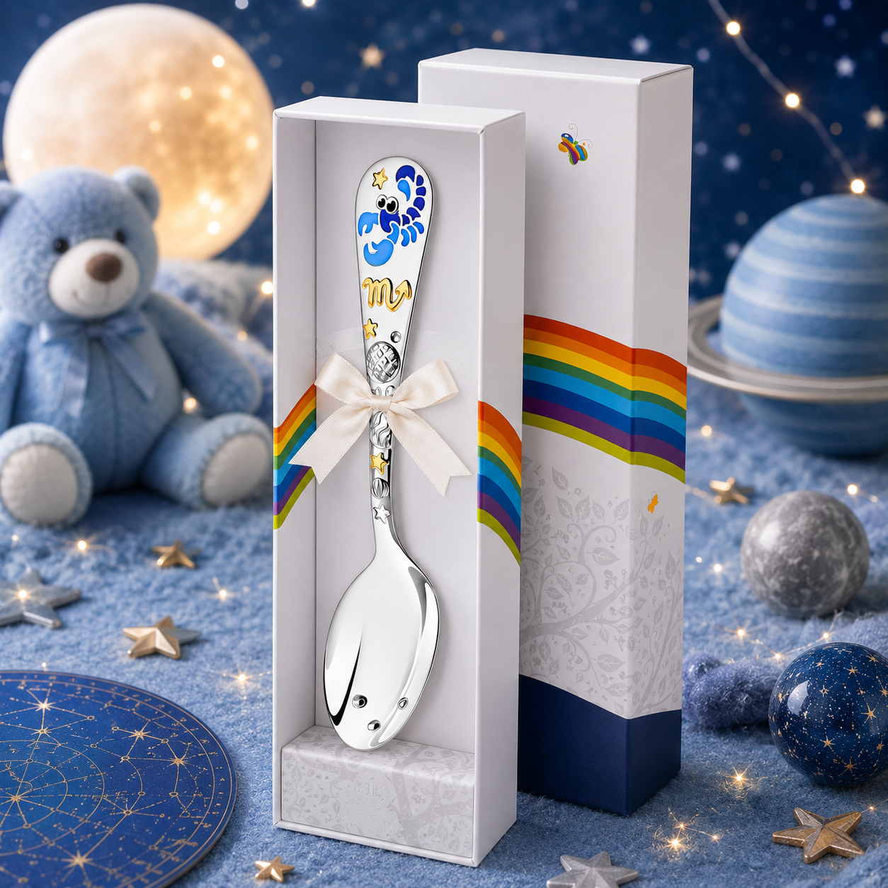Babylöffel Sternzeichen Skorpion aus 925 Silber mit blauem Skorpion-Motiv in Geschenkverpackung zur Geburt oder Taufe