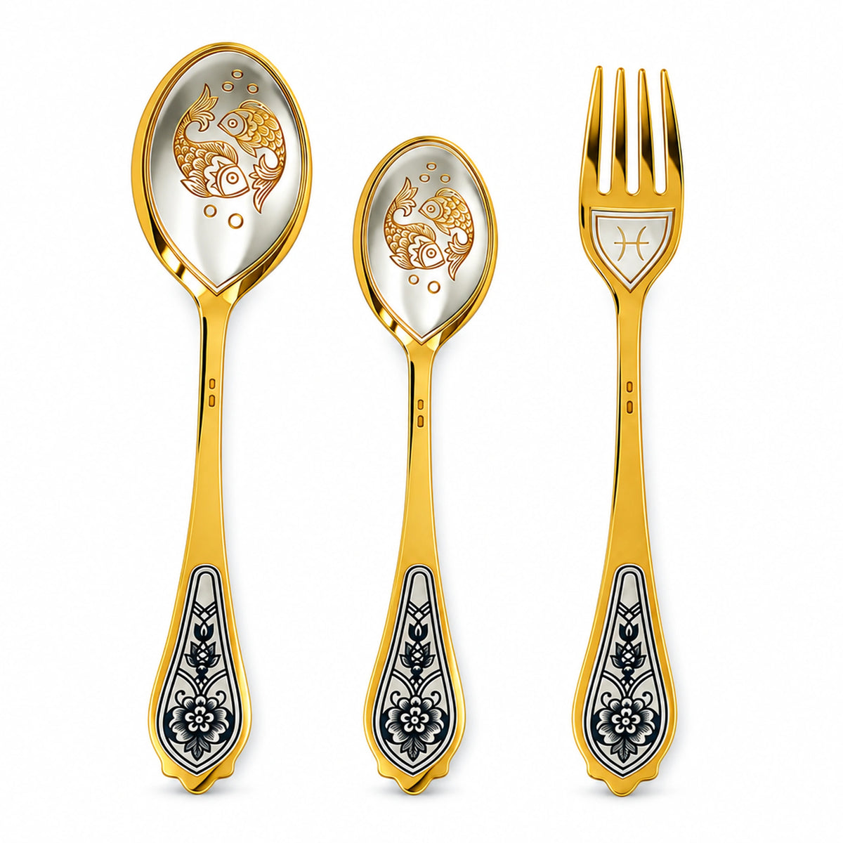 Sternzeichen-Set Fische, 925 Silber vergoldet: Dessertlöffel, Dessertgabel, Teelöffel nebeneinander auf Weiß