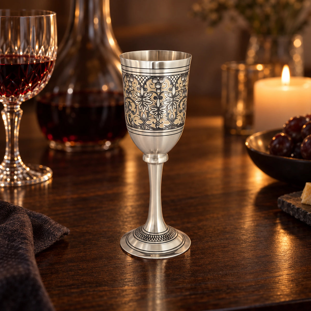 Stielglas 925 Silber Niello 140 ml — Lifestyle-Setting am Weintisch