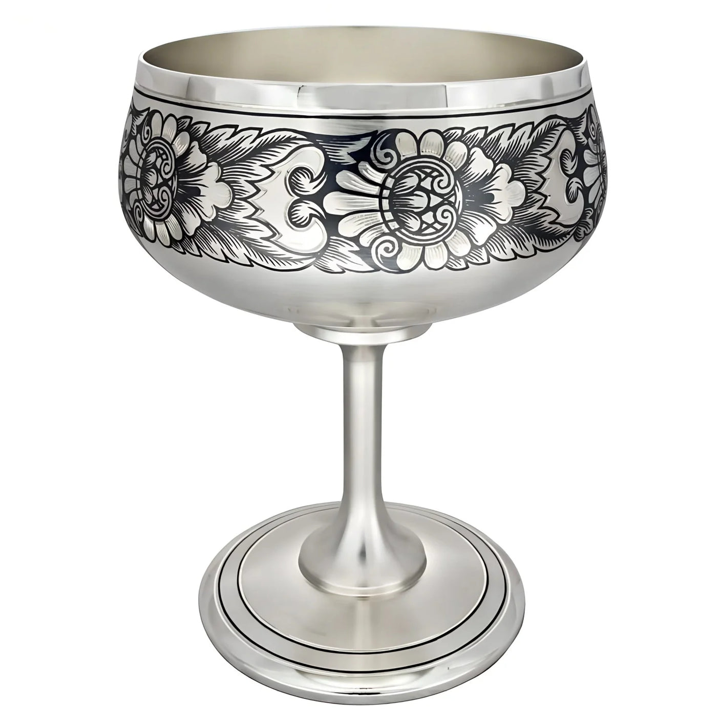 Weinpokal 925 Silber Niello Sonnenblume — Coupé-Kelch auf hohem Stiel mit dunklem Floralornament rund um die Kuppa