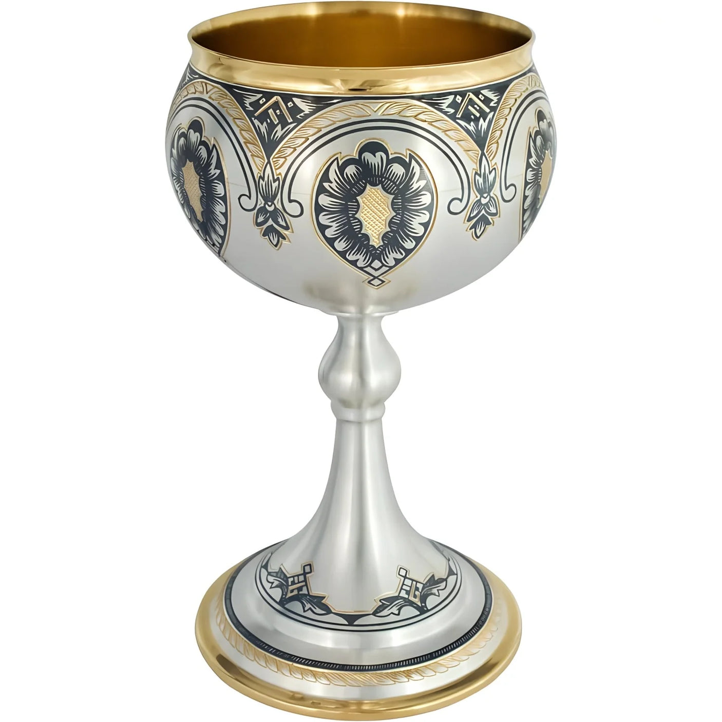 Stielglas 925 Silber Niello Fächer-Medaillon vergoldet — Kelch mit dunklem Ornament, Goldakzenten, vergoldetem Innenraum und Fuß