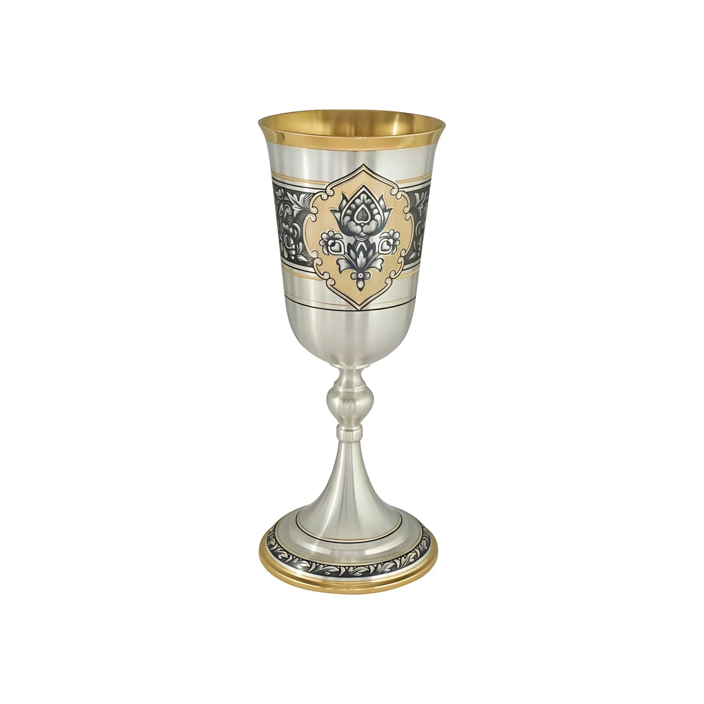 Stielglas 925 Silber Niello Lotusblüte vergoldet — Weinkelch mit goldenem Lotus-Medaillon und vergoldetem Fuß