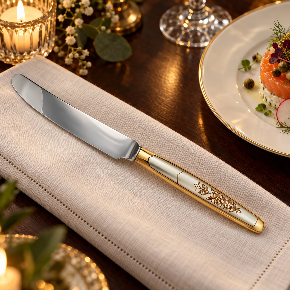 Tafelmesser 925 Silber vergoldet — Lifestyle-Setting an der gedeckten Tafel