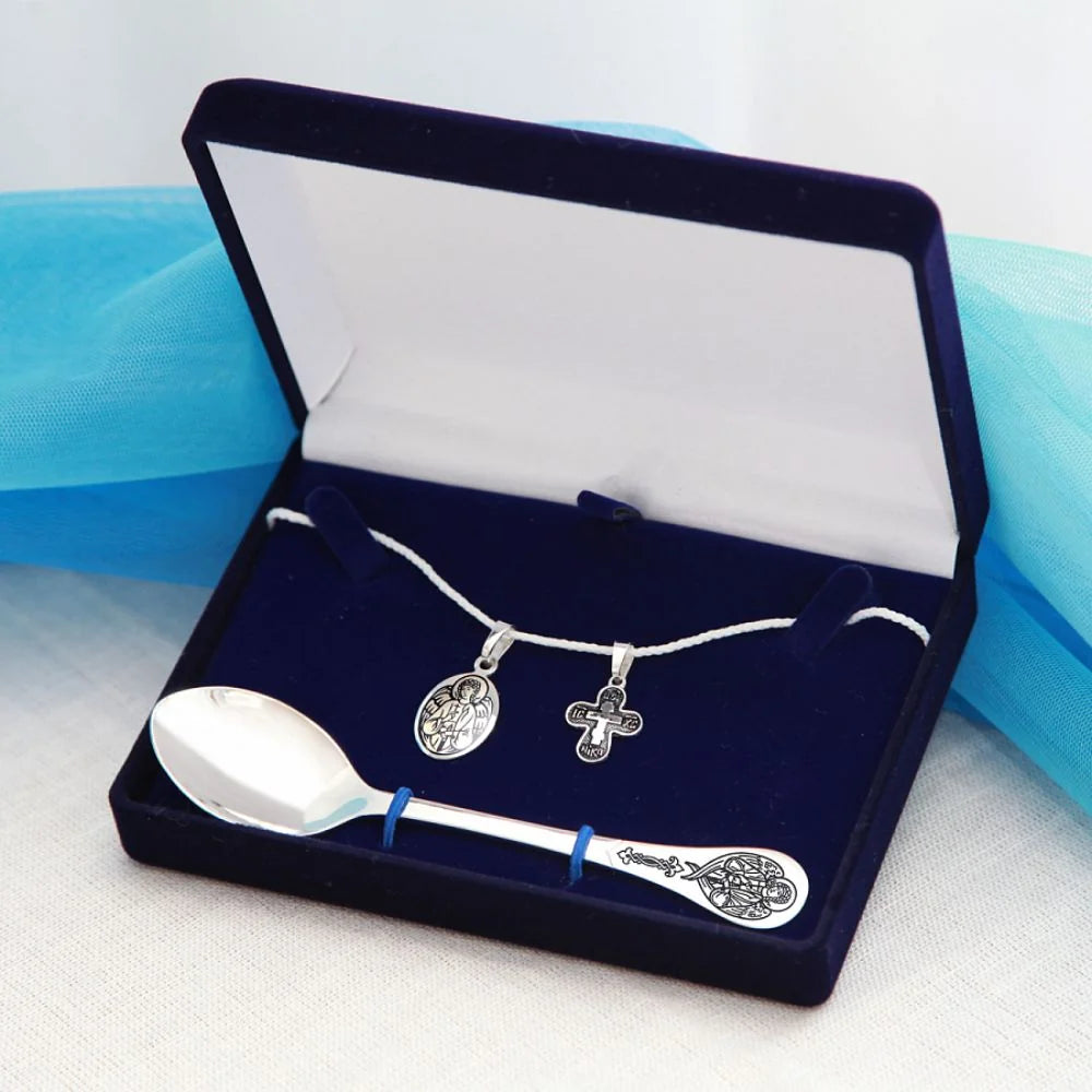 Niello-Tauflöffel mit Schutzengel-Stiel, Schutzengel-Medaillon und Kreuzanhänger aus 925 Silber im Taufset