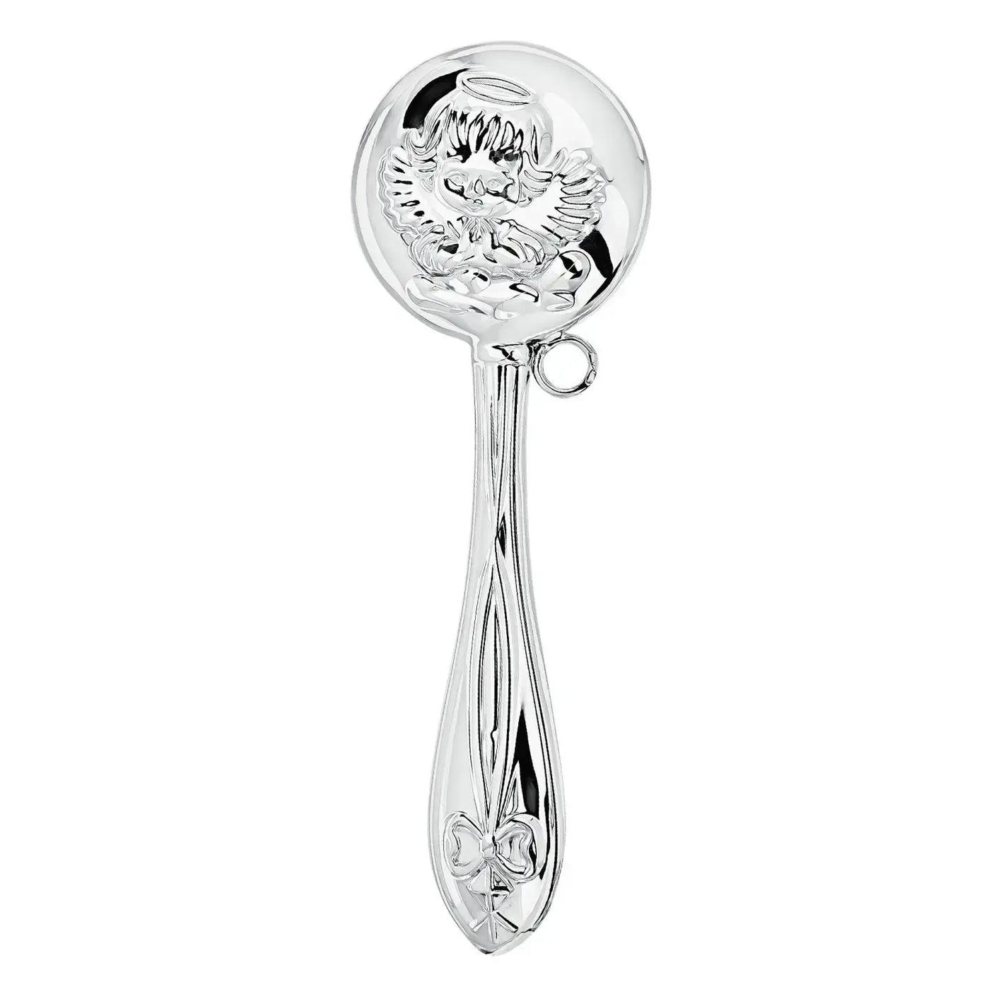 Babyrassel aus 925 Silber mit Engelmotiv und Schleifendetail als Erinnerungsstück zur Taufe