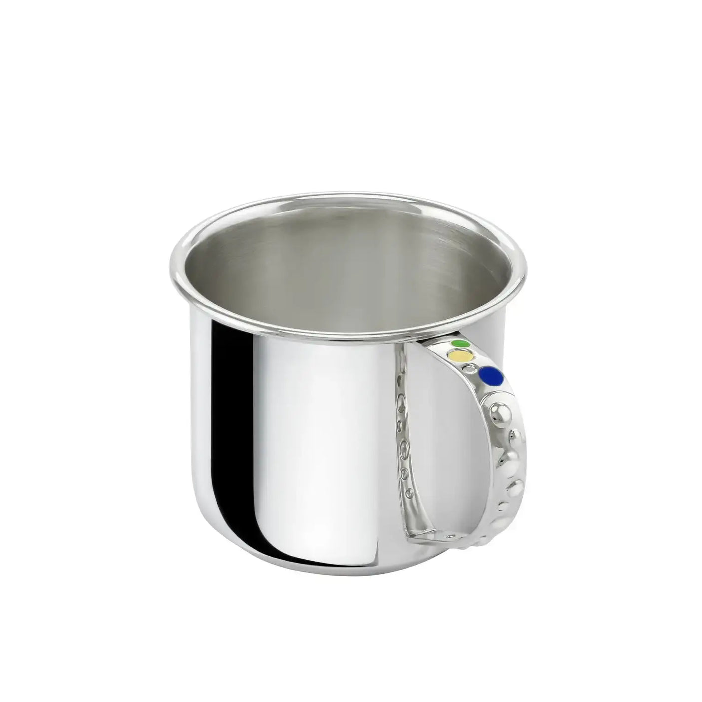 Taufgeschenk mit Engelmotiv: Becher aus 925 Silber mit verziertem Henkel und farbigen Emaille-Punkten