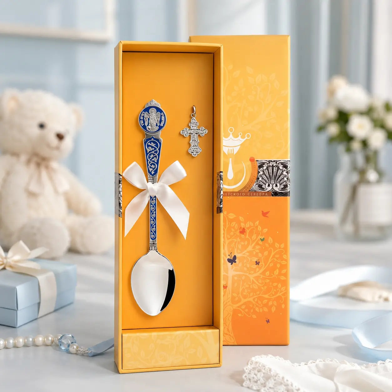 Taufgeschenk für Jungen aus 925 Silber mit blauem Emaille-Tauflöffel und Silberkreuz im edlen Lifestyle-Studioambiente